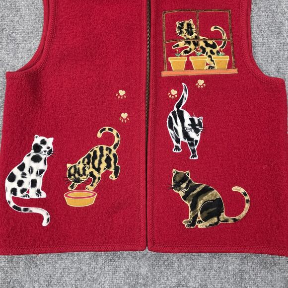 Lisa International Vest Women Medium Wool Cat Print Fuzzy Embroidered Zip Up VTG - Picture 9 of 16